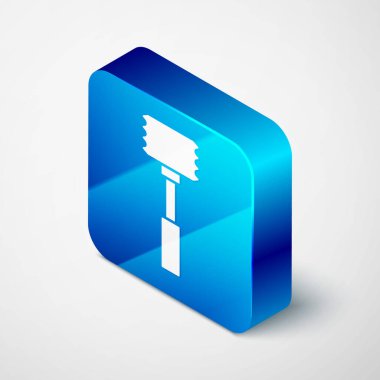 Gri arkaplanda Isometric Kitchen çekiç simgesi var. Et çekici. Mavi kare düğme. Vektör.