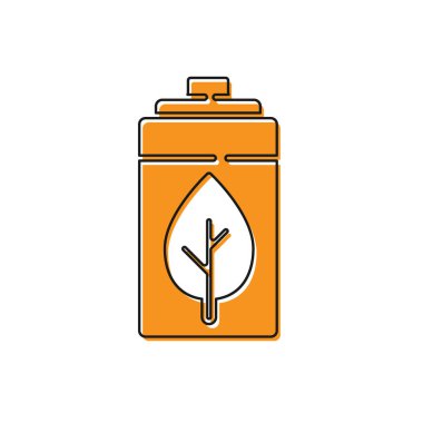 Turuncu çevre yaprağı ve batarya ikonu beyaz arka planda izole edilmiş. Enerji, ekoloji tasarruf kavramına dayanır. Vektör.