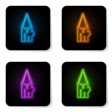 Parlayan neon ahşap kütük simgesi beyaz arkaplanda izole edildi. Siyah kare düğme. Vektör.