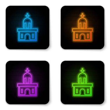 Parlayan neon kilise binası ikonu beyaz arka planda izole edilmiş. Hıristiyan Kilisesi. Kilisenin dini. Siyah kare düğme. Vektör.