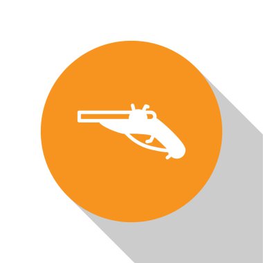 Beyaz arkaplanda izole edilmiş beyaz Vintage tabanca simgesi. Eski bir silah. Turuncu daire düğmesi. Vektör.