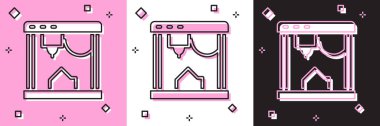 3D yazıcı simgesini pembe beyaz ve siyah arkaplanda izole et. Vektör.