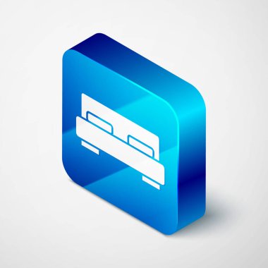 Gri arka planda iki ya da bir kişi için Isometric Büyük yatak. Mavi kare düğme. Vektör.