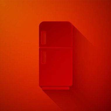 Kağıt kesiği Buzdolabı simgesi kırmızı arkaplanda izole edildi. Buzdolabı buzdolabı. Ev aletleri ve aletler. Kağıt sanatı tarzı. Vektör.