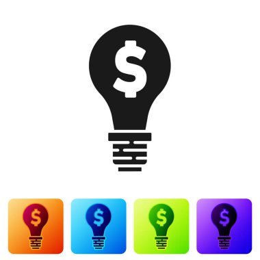 Beyaz zemin üzerinde dolar sembolü olan siyah ampul. Para fikir üretir. Fintech yenilik konsepti. Renkli kare düğmelerle simgeleri ayarla. Vektör.