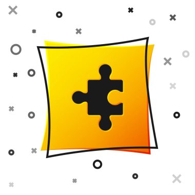 Siyah yapboz simgesi beyaz arkaplanda izole edildi. İş, pazarlama, finans, düzen, bilgi grafikleri, internet konsepti. Sarı kare düğme. Vektör.