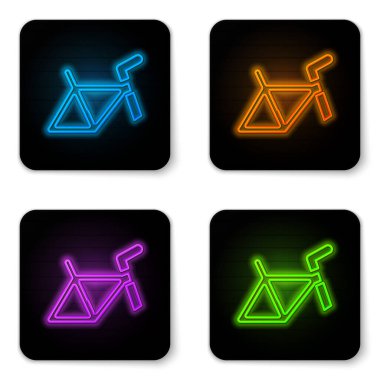 Parlayan neon bisiklet çerçeve simgesi beyaz arkaplanda izole edildi. Siyah kare düğme. Vektör.