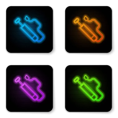 Parlayan neon bisiklet hava pompası ikonu beyaz arkaplanda izole edildi. Siyah kare düğme. Vektör.