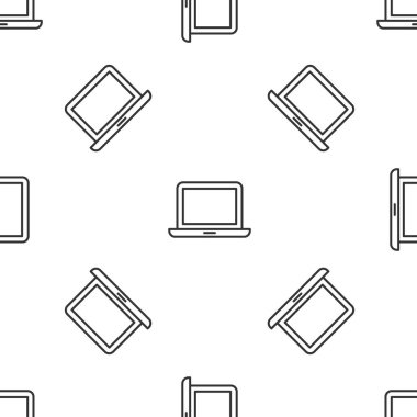 Beyaz arkaplanda siyah dizüstü bilgisayar simgesi izole edildi. Boş ekran işaretli bilgisayar defteri. Sarı kare düğme. Vektör.