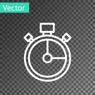 Beyaz çizgi Stopwatch simgesi şeffaf arkaplanda izole edildi. Zaman göstergesi. Kronometre işareti. Vektör.