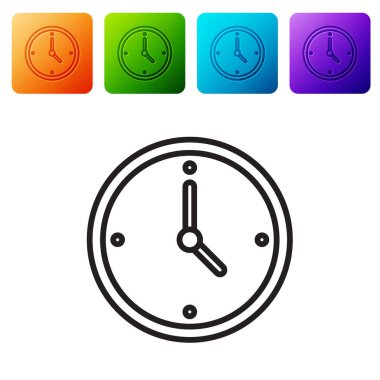 Siyah çizgi saat simgesi beyaz arkaplanda izole edildi. Zaman sembolü. Renkli kare düğmelerle simgeleri ayarla. Vektör.