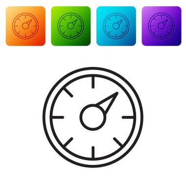 Beyaz zemin üzerinde 5G simgesi olan siyah çizgi dijital hız ölçer kavramı. Küresel ağ yüksek hızlı bağlantı veri oranı teknolojisi. Renkli kare düğmelerle simgeleri ayarla. Vektör.