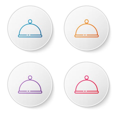 Beyaz arka planda izole edilmiş bir tepsi yiyecek ikonu ile kaplanmış renk çizgisi. Tepsi ve kapak. Kapaklı bir restoran saati. Mutfak eşyaları sembolü. Simgeleri daire düğmelerine ayır. Vektör.