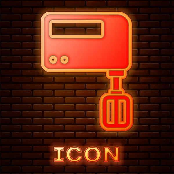 Glowing Neon Electric Mixer Icon Isolated Brick Wall Background Kitchen — Stock Vector