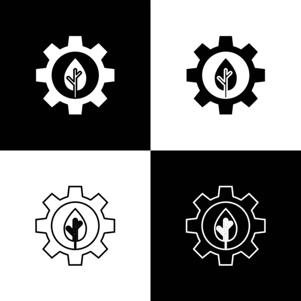 Set Leaf Plant Ecology Gear Machine Icon Isolated Black White — Stock Vector