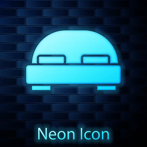 Glowing Neon Big Bed Two One Person Icon Isolated Brick — Stock Vector