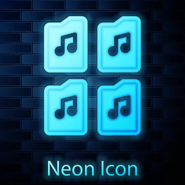 Glödande Neon Music Fil Dokument Ikon Isolerad Tegel Vägg Bakgrund — Stock vektor