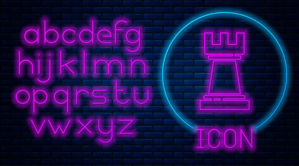 Gloeiende Neon Schaken Pictogram Geïsoleerd Baksteen Muur Achtergrond Zakelijke Strategie — Stockvector