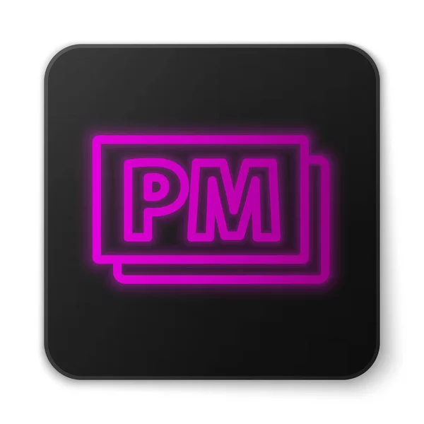 发光的霓虹灯线时钟Pm图标隔离在白色背景 时间的象征 黑色方块按钮 — 图库矢量图片
