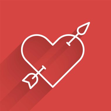 Kalp ve ok ikonlu beyaz çizgi Amour sembolü uzun gölgeli. Aşk işareti. Sevgililer Günü sembolü. Vektör.