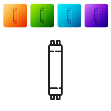 Siyah çizgi. Beyaz arkaplanda izole edilmiş uzun ışıltılı floresan enerji tasarrufu ikonu. Renkli kare düğmelerle simgeleri ayarla. Vektör.