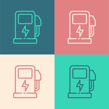 Pop Art Line Electric araba şarj istasyonu simgesi renk arkaplanında izole edildi. Eko elektrik yakıt pompası tabelası. Vektör.