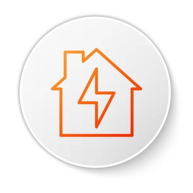 Beyaz arka planda turuncu çizgili ev ve şimşek simgesi var. Ev enerjisi. Beyaz daire düğmesi. Vektör.