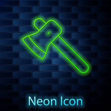 Parlayan neon hattı tahta balta ikonu tuğla duvar arka planında izole edilmiş. Oduncu baltası. Vektör.