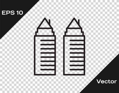 Siyah çizgi Dnipro şehir ikonundaki iki uzun konut kulesi şeffaf arka planda izole edildi. Vektör.