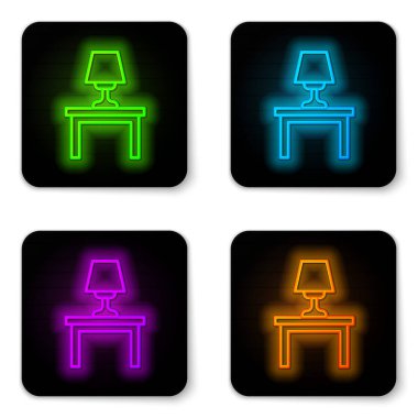 Masa simgesinde parlayan neon çizgisi masa lambası beyaz arkaplanda izole edildi. Siyah kare düğme. Vektör.