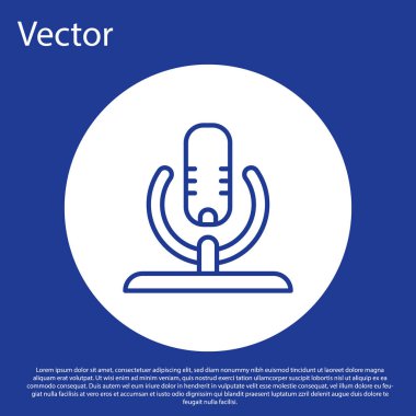 Mavi çizgi mikrofon simgesi mavi arkaplanda izole edildi. Radyodaki mikrofondan. Sözcü işareti. Beyaz daire düğmesi. Vektör.