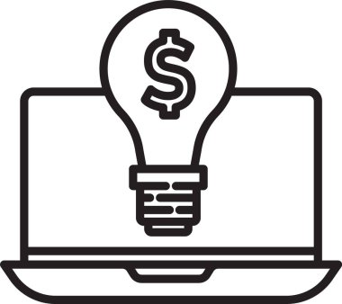 Siyah çizgi İş Ampulü, dizüstü bilgisayarında dolar olan beyaz arka planda izole edilmiş bir ekran ikonu. Kullanıcı dokunmatik ekranı. Vektör.