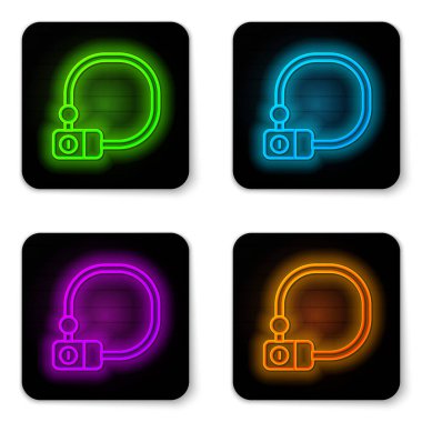 Parlayan neon hattı bisiklet kilidi U biçimli endüstriyel ikon beyaz arka planda izole edildi. Siyah kare düğme. Vektör.