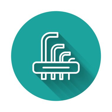 Beyaz çizgi Aracı allen tuşları simgesi uzun gölgeli izole. Yeşil daire düğmesi. Vektör.