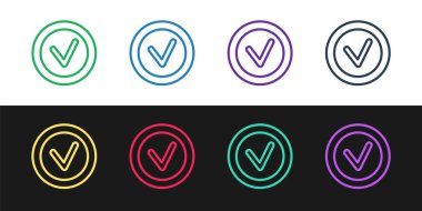 Siyah ve beyaz arkaplanda izole edilmiş yuvarlak simgede satır denetim işareti oluştur. Kontrol listesi düğmesi işareti. Vektör.