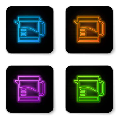 Parlayan neon elektrikli su ısıtıcısı simgesi beyaz arkaplanda izole edildi. Çaydanlık ikonu. Siyah kare düğme. Vektör.
