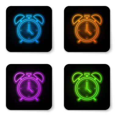 Parlayan neon alarm saat simgesi beyaz arkaplanda izole edildi. Uyan, kalk konsepti. Zaman işareti. Siyah kare düğme. Vektör.