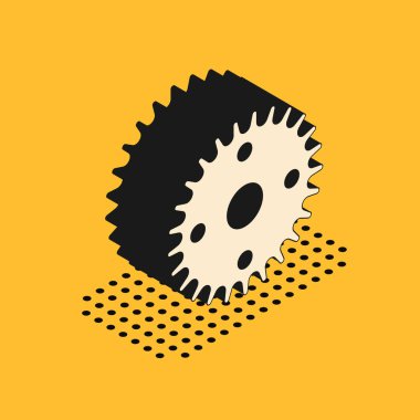 Sarı arkaplanda Isometric Gear simgesi izole edildi. Çarklı teçhizat ayarları. İşçi sembolü. Vektör.