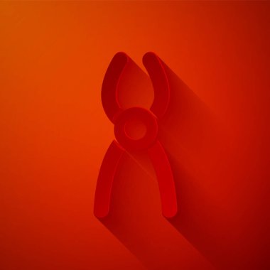 Kağıt kesiği dişçi pensesi simgesi kırmızı arkaplanda izole edildi. Diş aletleri. Kağıt sanatı tarzı. Vektör.