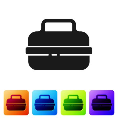 Beyaz arka planda siyah tencere simgesi izole edildi. Haşlama ya da güveç besin sembolü. Renkli kare düğmelerle simgeleri ayarla. Vektör.