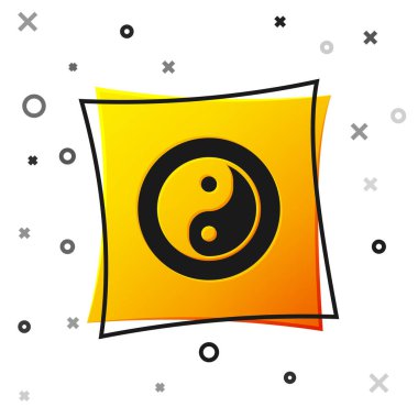 Siyah Yin Yang beyaz arka planda izole edilmiş uyum ve denge simgesi sembolü. Sarı kare düğme. Vektör.