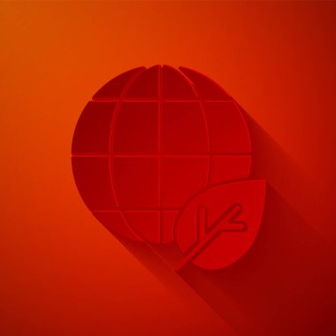 Kağıt kesiği Dünya küresi ve yaprak simgesi kırmızı arkaplanda izole edilmiş. Dünya ya da Dünya işareti. Geometrik şekiller. Çevresel konsept. Kağıt sanatı tarzı. Vektör.