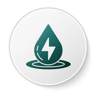 Yeşil Su enerji ikonu beyaz arkaplanda izole edildi. Su damlacıklarıyla ekoloji kavramı. Alternatif enerji kavramı. Beyaz daire düğmesi. Vektör.