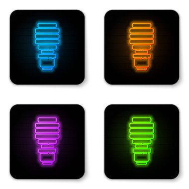 Parlayan neon ışıklı ampul simgesi beyaz arkaplanda izole edildi. Ekonomik LED ışıklı ampul. Enerji lambasını sakla. Siyah kare düğme. Vektör.
