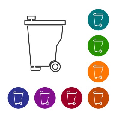 Siyah çizgi Çöp kutusu simgesi beyaz arkaplanda izole edildi. Çöp kutusu tabelası. Sepet simgesini geri dönüştür. Ofis çöpü ikonu. Simgeleri renk daire düğmelerine ayarla. Vektör.