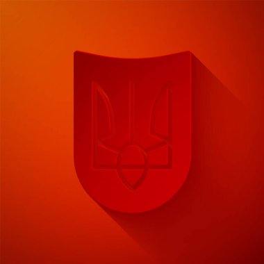 Kağıt Ukrayna simgesinin Ulusal amblemini kırmızı arkaplanda izole etti. Ukrayna mızrağı. Kağıt sanatı tarzı. Vektör.