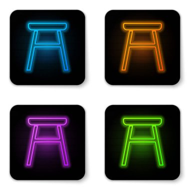 Parlayan neon sandalye simgesi beyaz arkaplanda izole edildi. Siyah kare düğme. Vektör.