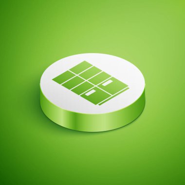 Isometric Gardırop simgesi yeşil arka planda izole edildi. Beyaz daire düğmesi. Vektör.