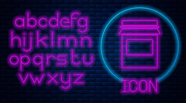 Leuchtende Neon Marmeladenglas Symbol Isoliert Auf Backsteinwand Hintergrund Neonlicht Alphabet — Stockvektor