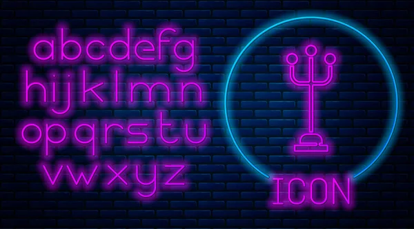 ネオンコートスタンドのアイコンを輝くレンガの壁の背景に孤立した ネオンライトアルファベット ベクトル — ストックベクタ